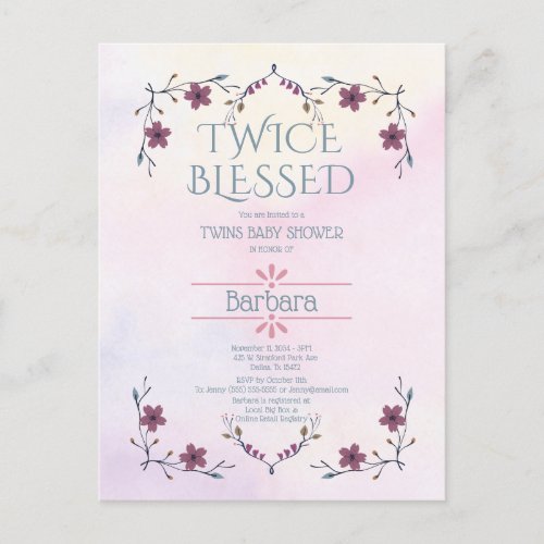 Expecting TwinsBoho Floral  Lavender Watercolor  Invitation Postcard