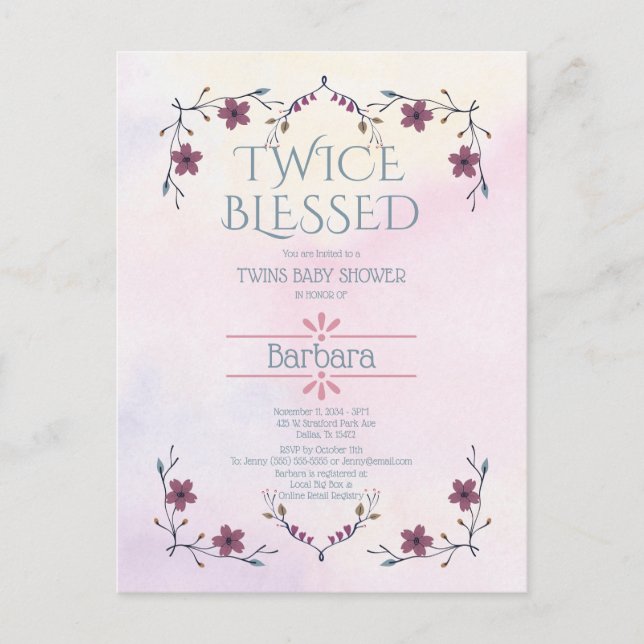 Expecting Twins:Boho Floral & Lavender Watercolor  Invitation Postcard (Front)