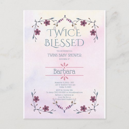 Expecting Twins Boho floral  lavender watercolor Invitation Postcard