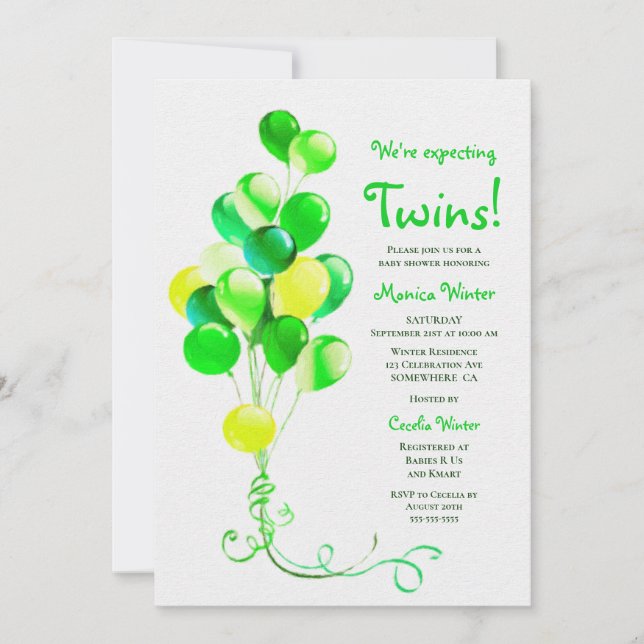 Expecting Twins Green Balloons Baby Shower Invitation (Front)