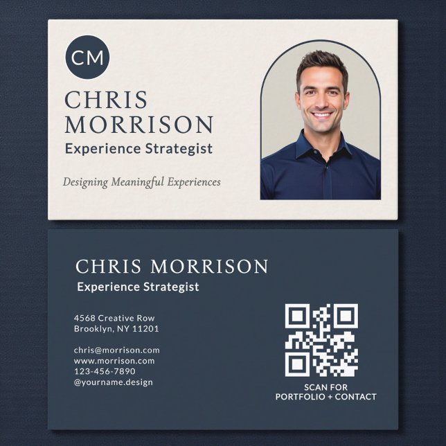 Experience Strategist Photo QR Code Navy Blue Business Card (Creator Uploaded)