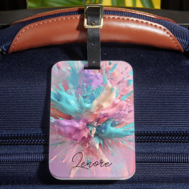 Exploding Paint Abstract Pink Turquoise Lilac Luggage Tag (Front Insitu 2)