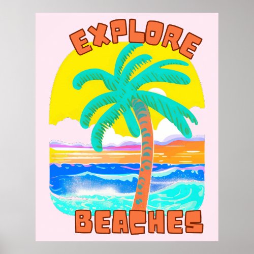 Explore Beaches Vintage Retro Travel illustration Poster