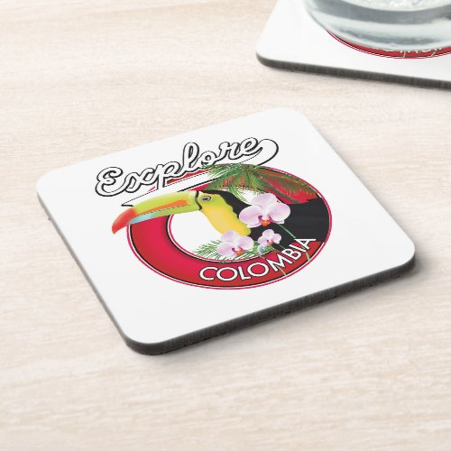 Explore Colombia retro logo Beverage Coaster
