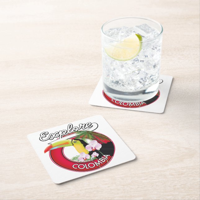 Explore Colombia retro logo Square Paper Coaster (Insitu)