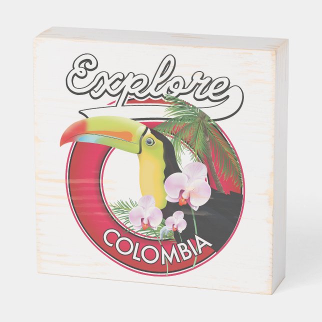 Explore Colombia retro logo Wooden Box Sign (Angled Horizontal)