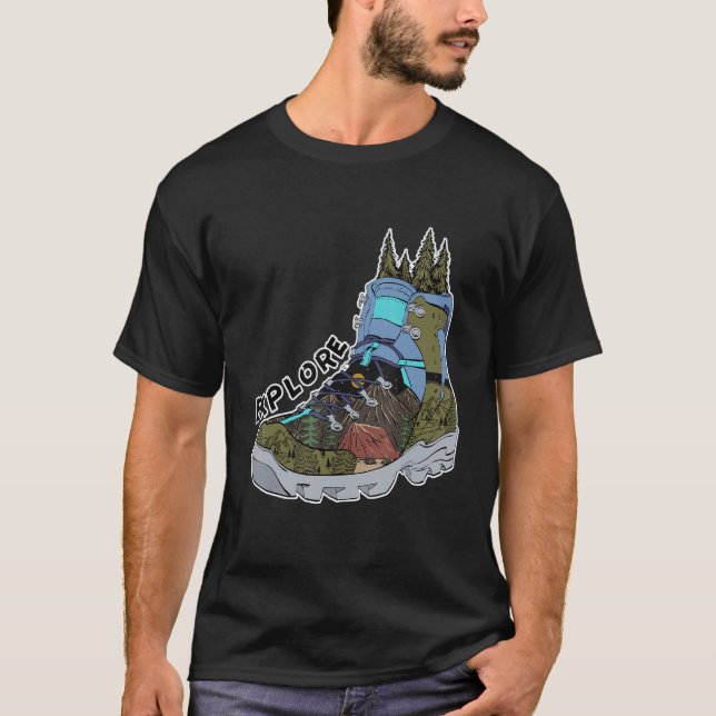 Explore Hiking Boot Adventure Campfire Traveler Ca T-Shirt (Front)