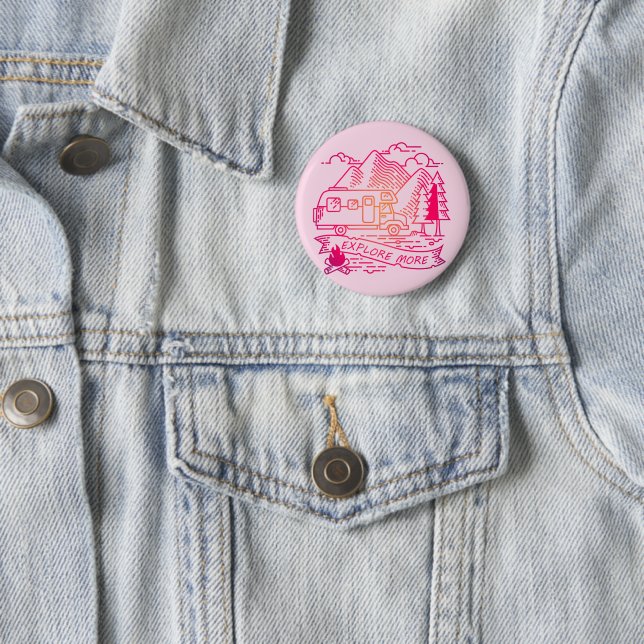 Explore More Pink Camper Van Mountain Nature Lover Button (In Situ)