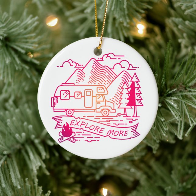 Explore More Pink Camper Van Mountain Nature Lover Ceramic Ornament (Tree)