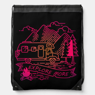 Explore More Pink Camper Van Mountain Nature Lover Drawstring Bag