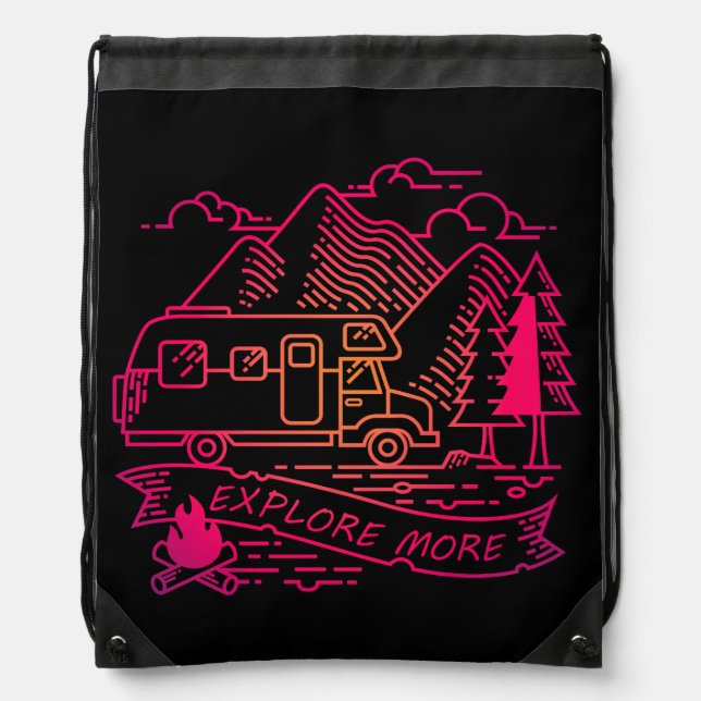 Explore More Pink Camper Van Mountain Nature Lover Drawstring Bag (Front)