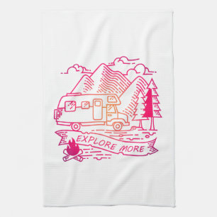 Explore More Pink Camper Van Mountain Nature Lover Kitchen Towel