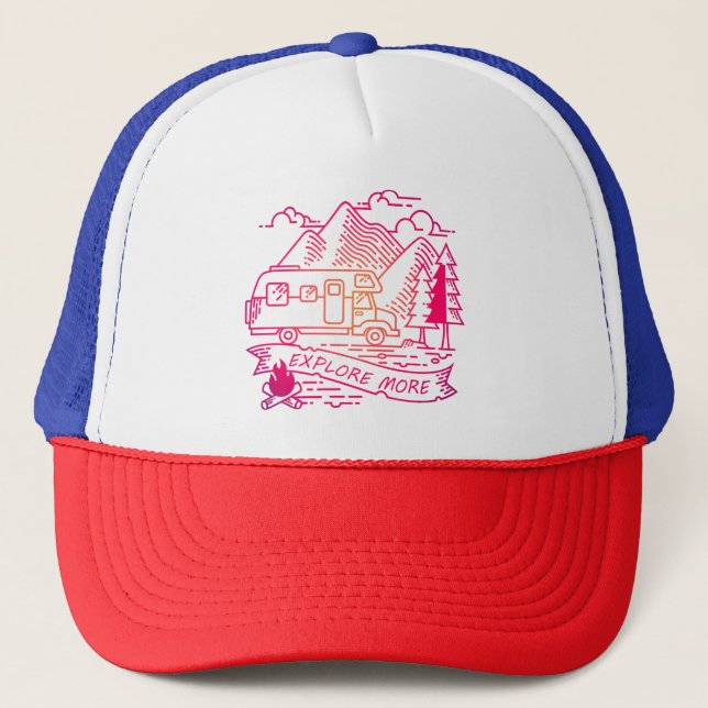 Explore More Pink Camper Van Mountain Nature Lover Trucker Hat (Front)