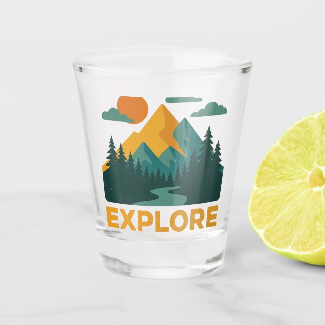 Explore More – Retro Mountain & Forest Adventure Shot Glass (Front)