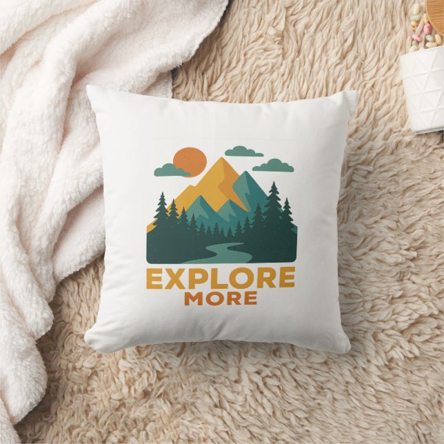 Explore More – Retro Mountain & Forest Adventure Throw Pillow (Blanket)