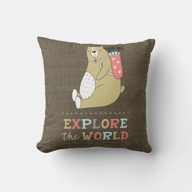 Explore the World Boho Bear Kids Throw Pillow (Front)