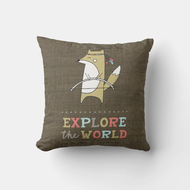 Explore the World Boho Fox Kids Throw Pillow (Front)