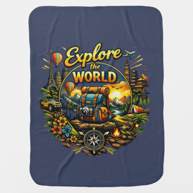 Explore The World – Travel Adventure Design Baby Blanket (Front)