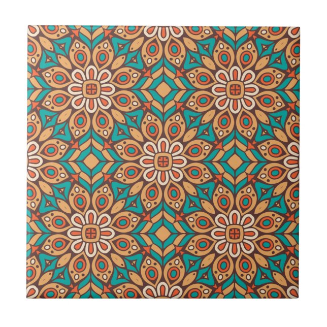Explore Vibrant Floral Motifs in Geometric Pattern Ceramic Tile (Front)