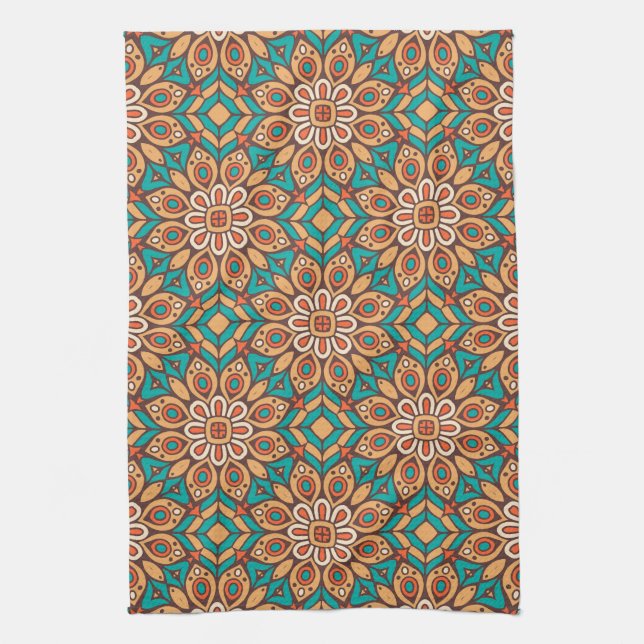 Explore Vibrant Floral Motifs in Geometric Pattern Kitchen Towel (Vertical)