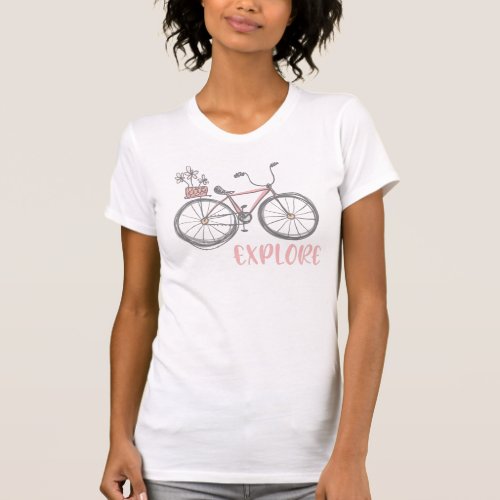 Explore with Whimsical Pink Bicycle Illustration T_Shirt