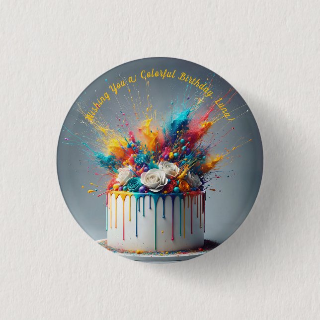 Explosion of Joy – Happy Birthday Cake Button (Front)