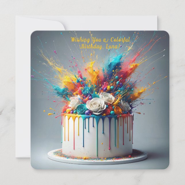 Explosion of Joy – Happy Birthday Cake Invitation (Front)