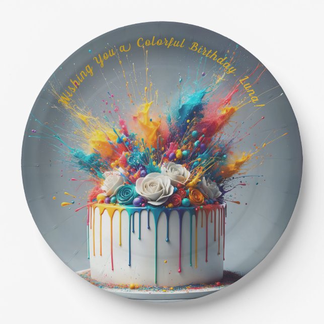 Explosion of Joy – Happy Birthday Cake Paper Plates (Front)