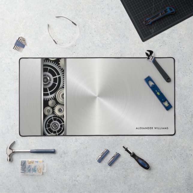 Exposed Gears on Brushed Silver with Your Name Desk Mat (Workstation)