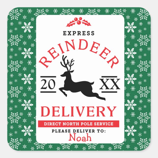 Express Reindeer Delivery Personalized Gift Square Sticker (Front)