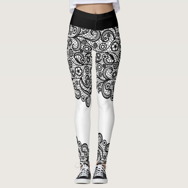 Express Yourself Black & White Lacy Bridal Dress Leggings (Front)