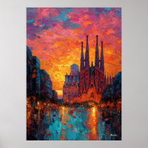 Expressionist Barcelona Skyline Vibrant Cityscape 