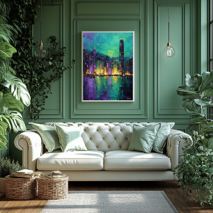 Expressionist Hong Kong Skyline Neon Harbor City Poster