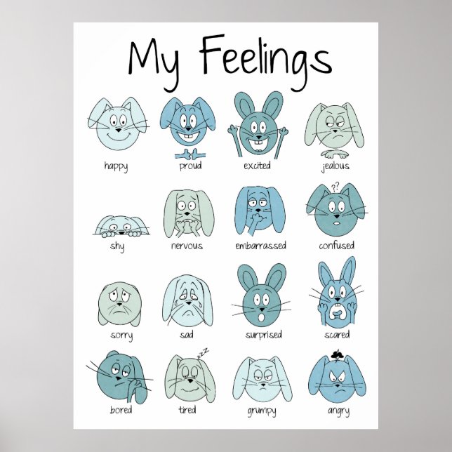 Expressions Print, Emotions Print, Feelings, Blue Poster (Front)