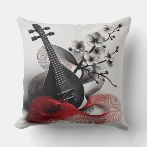 EXPRESSIVE BANJO MUSIC NOTES IN RED BLACK LINES THROW PILLOW