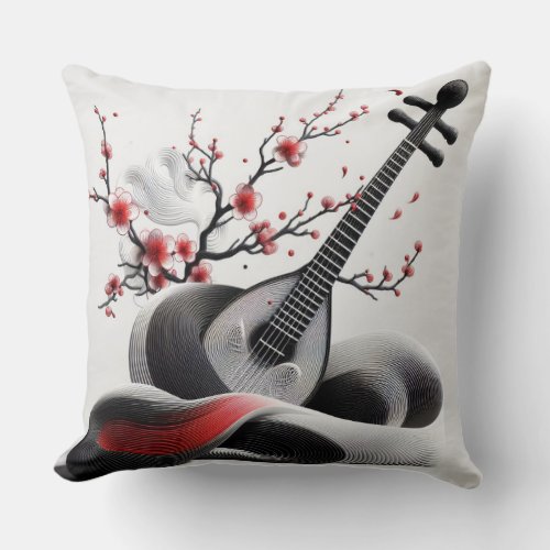 EXPRESSIVE BANJO MUSIC NOTES IN RED BLACK LINES THROW PILLOW