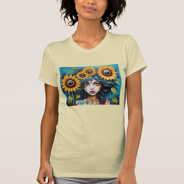 Expressive Girl's Face With Sunflowers T-Shirt (Front)