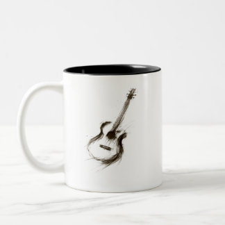 Expressive Ink Guitar Minimalist Brush Music on Two-Tone Coffee Mug