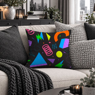 Expressive Neon Abstract Shapes Black Throw Pillow