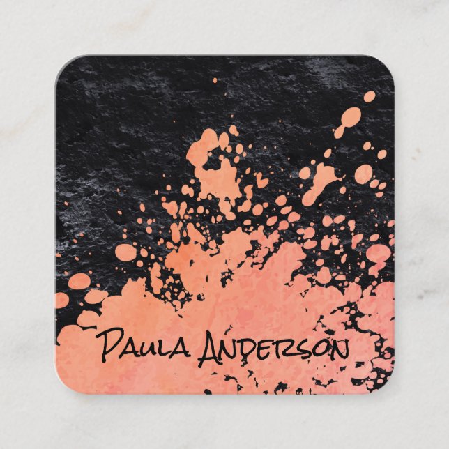 Expressive Paint Black Texture | Script Monogram Square Business Card (Front)
