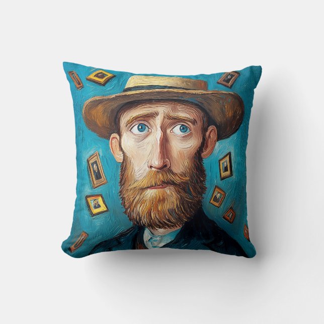Expressive Portrait Bearded Man in Van Gogh Style Throw Pillow (Front)