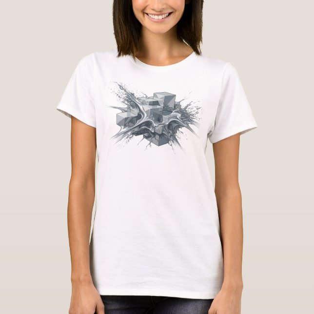 Expressive Silver Abstract Cubes Graphic Tee (Front)