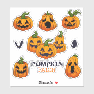 Expressive Spooky Cute Carved Pumpkin Patch & Bats Sticker
