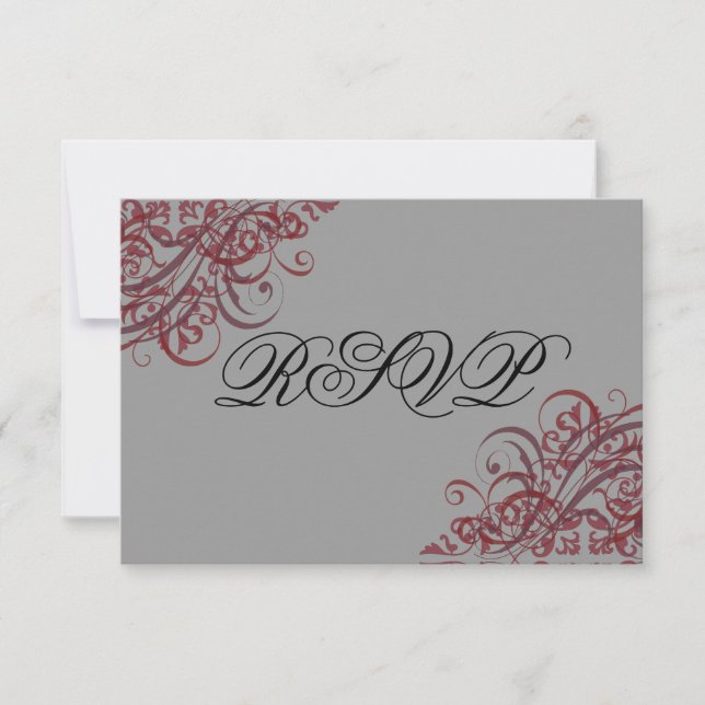 Exquisite Baroque Red Scroll RSVP Card (Front)