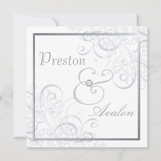 Exquisite Baroque Silver Scroll White Invitation (Front)