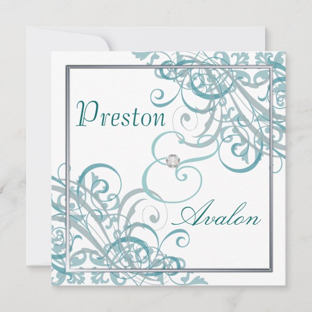 Exquisite Baroque Teal Scroll White Invitation (Front)