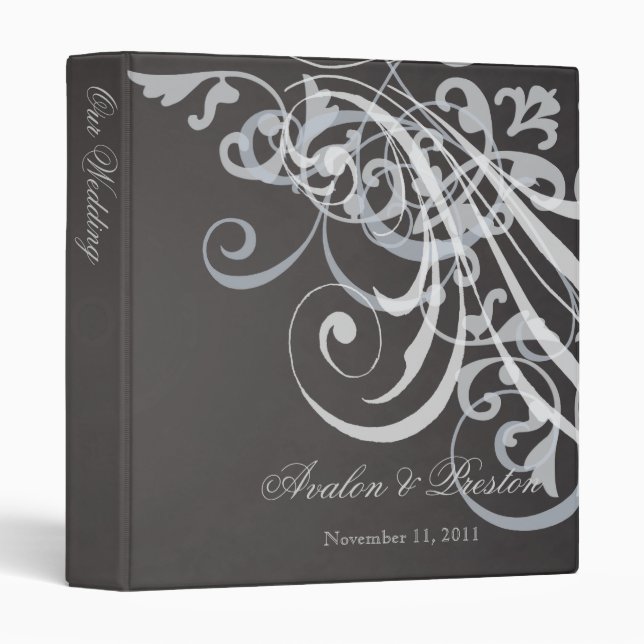 Exquisite Baroque White Scroll Black Wedding 3 Ring Binder (Front/Spine)