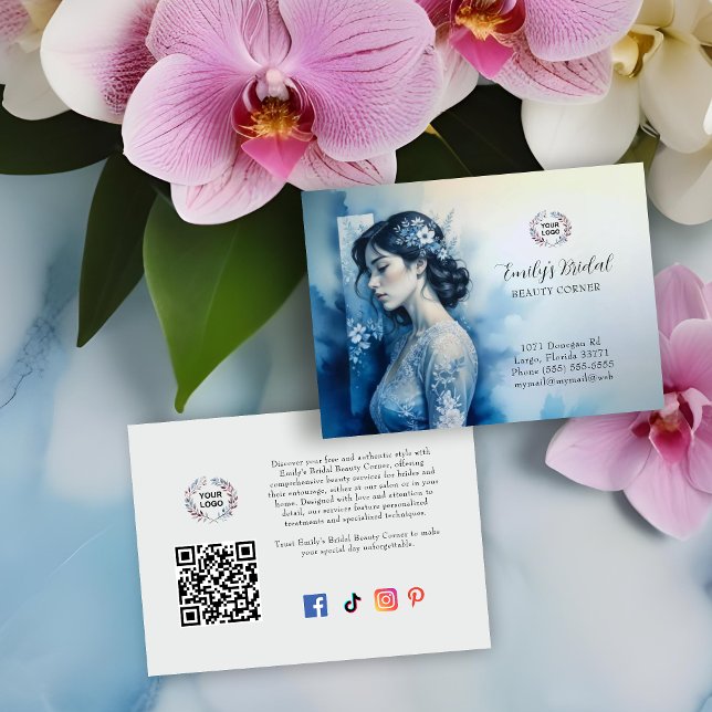 Exquisite Beautiful Bride In Blue Bridal Business Card (Exquisite Beautiful Bride In Blue For Bridal Business with QR Code and Network Icons Business Cards.)