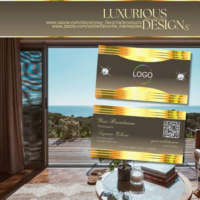 Exquisite Beige Brown Gold Borders Logo QR Code Business Card (Creator Uploaded)