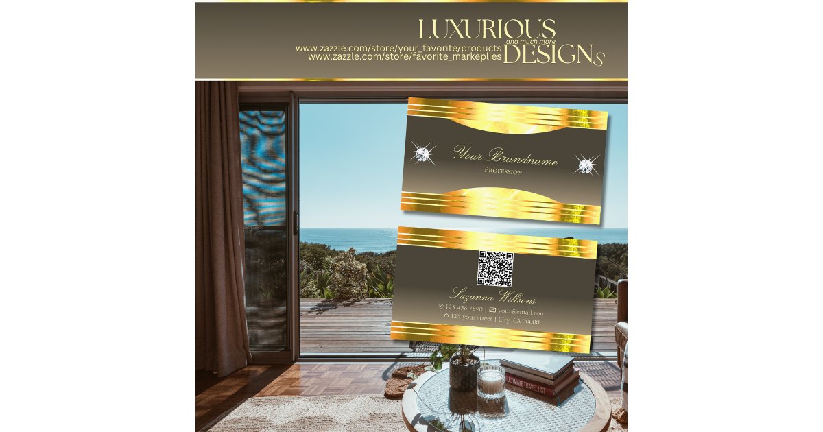 Exquisite Beige Brown Gold Borders with QR Code Business Card | Zazzle